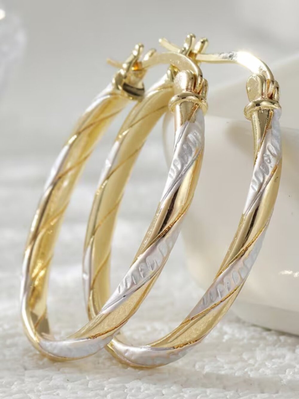 14K Gold Two Tone Silver Womens Small 1.25" Size Hoop Earrings Ladies Jewelry